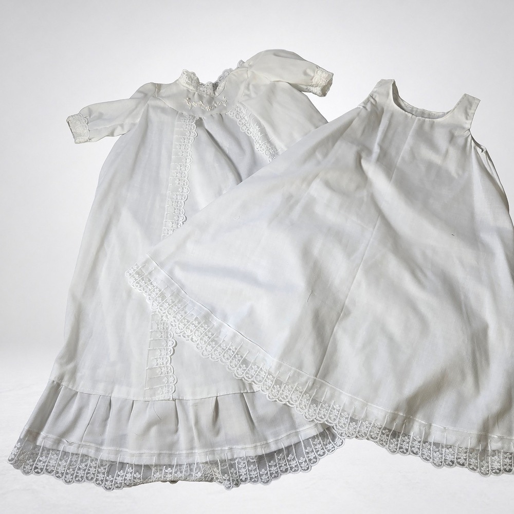 Handmade Christening Gown Slip Set White Lace Embroidery Baby Baptism 29 Inch